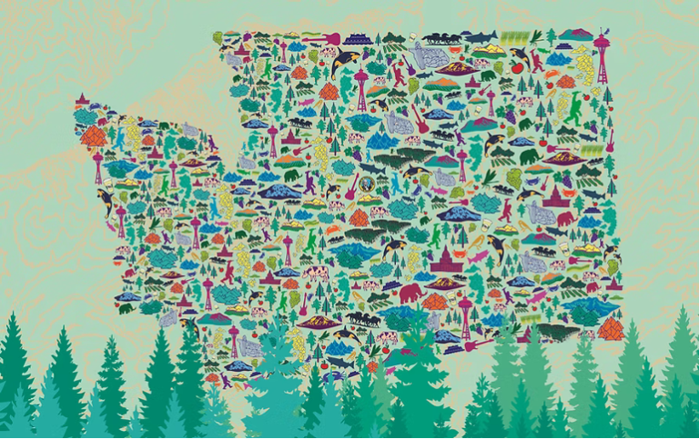 Colorful map illustration of Washington state attractions.