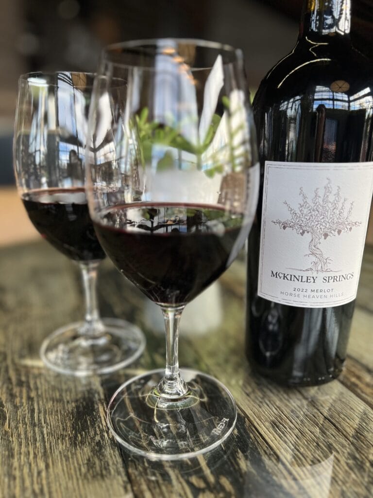 Two wine glasses and a bottle of red wine.