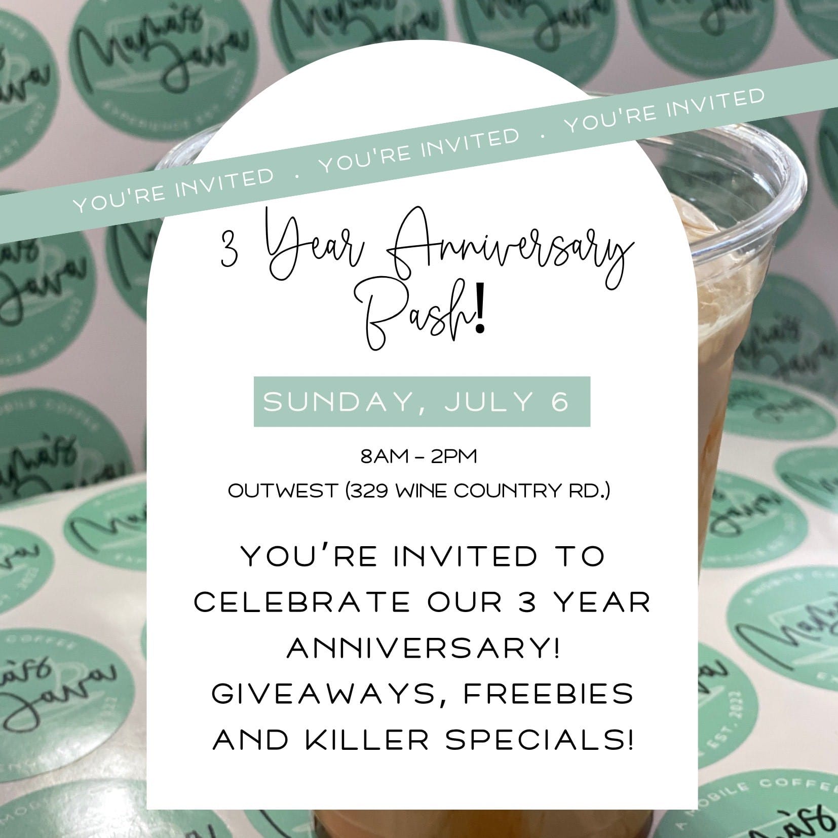 Invitation to 3-year anniversary bash with specials.