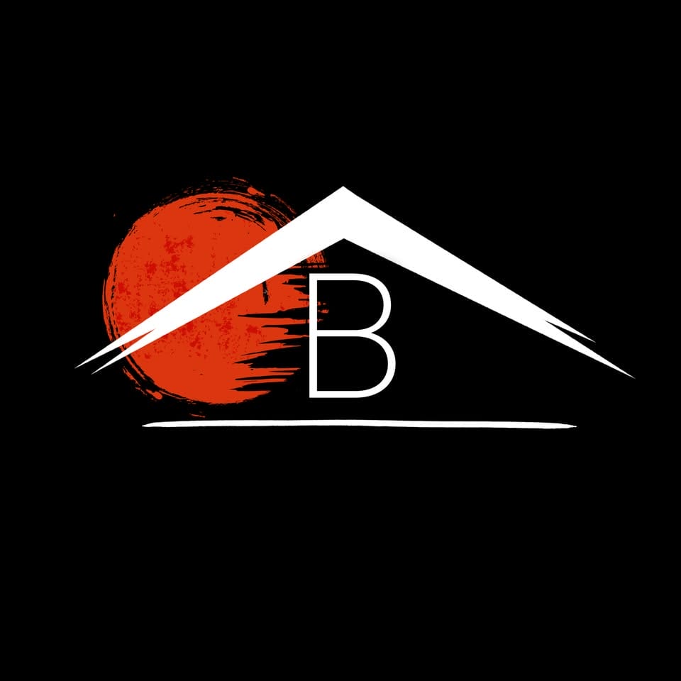 Stylized B with red circle, roof shape above.