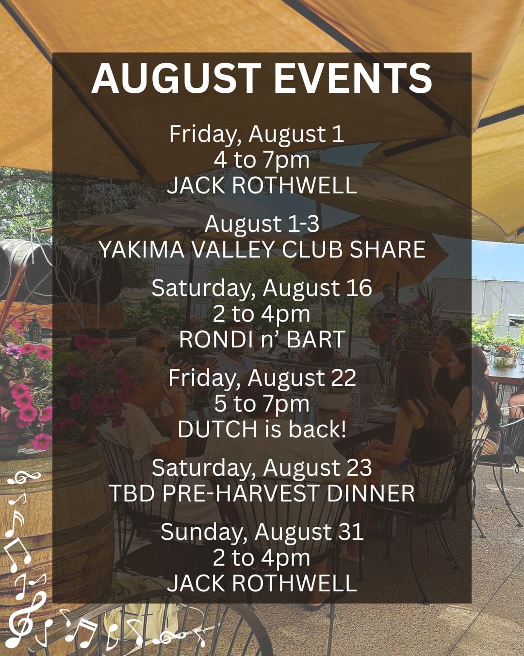 August events schedule with dates and performances