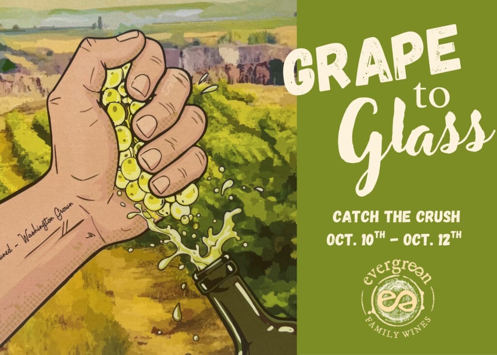 Catch the Crush Hand squeezing grapes near vineyard for winemaking event.