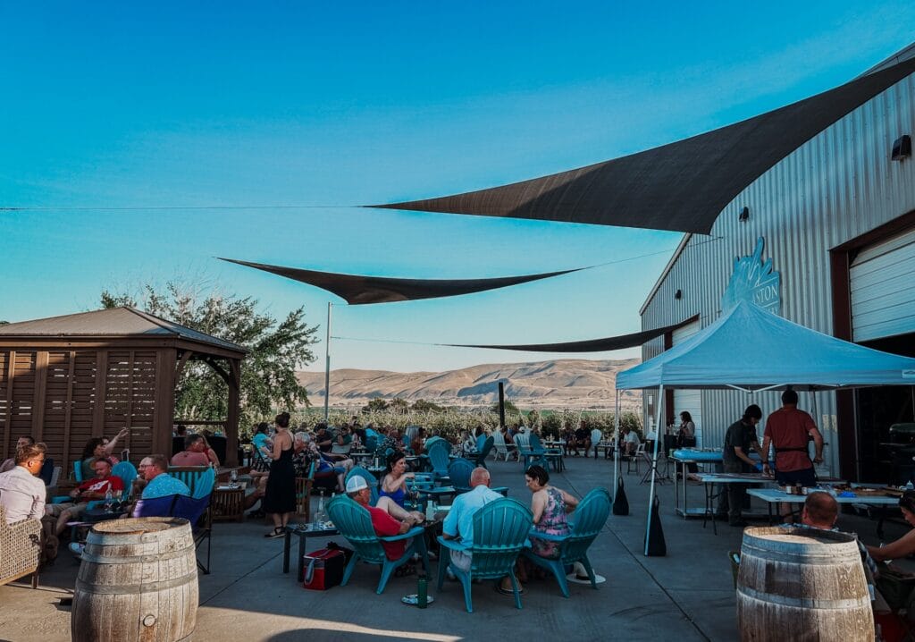 Outdoor winery event with people and mountains.