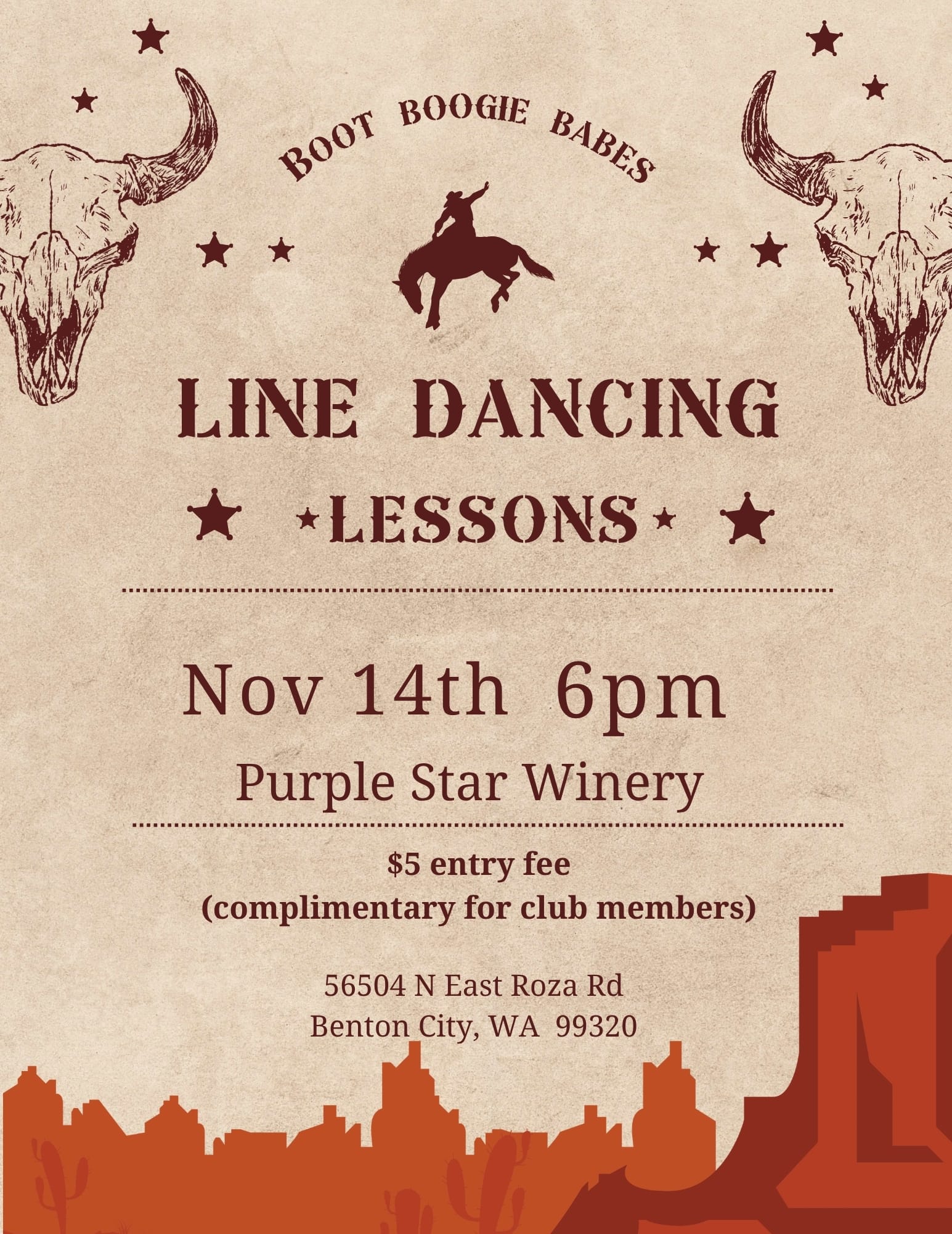 Line dancing lessons, Nov 14th, 6pm, Purple Star Winery.