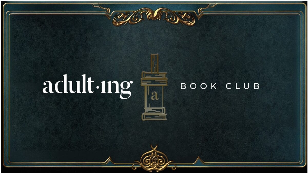 Adulting Book Club logo with ornate design.