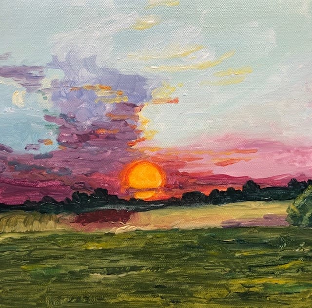 appointmentType-thumb-81386141 Vibrant sunset over a green field, oil painting.