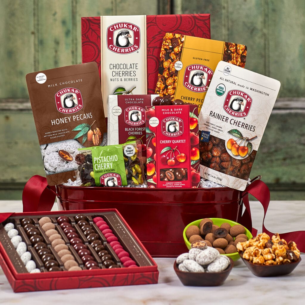 Assorted Chukar Cherries gift basket with chocolates and nuts.