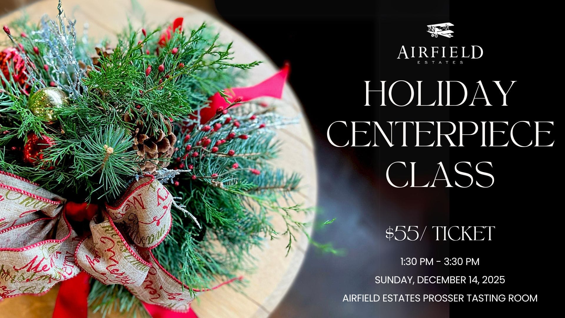 Holiday centerpiece flyer with festive greenery.