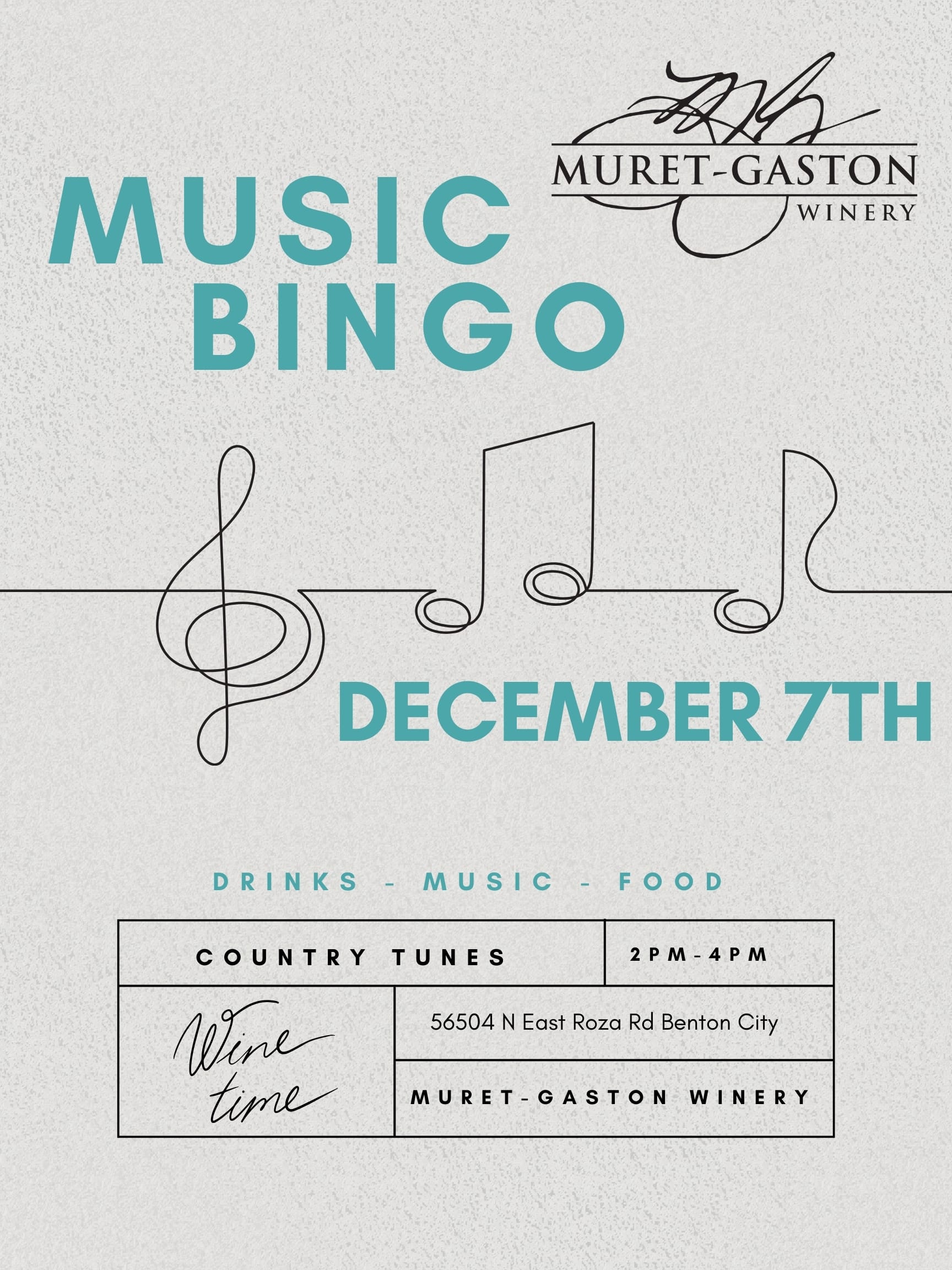 Music Bingo event at Muret-Gaston Winery December 7th.
