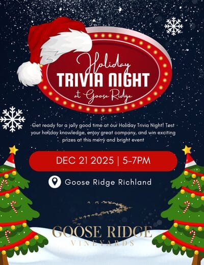 Holiday trivia night event flyer with Christmas theme.