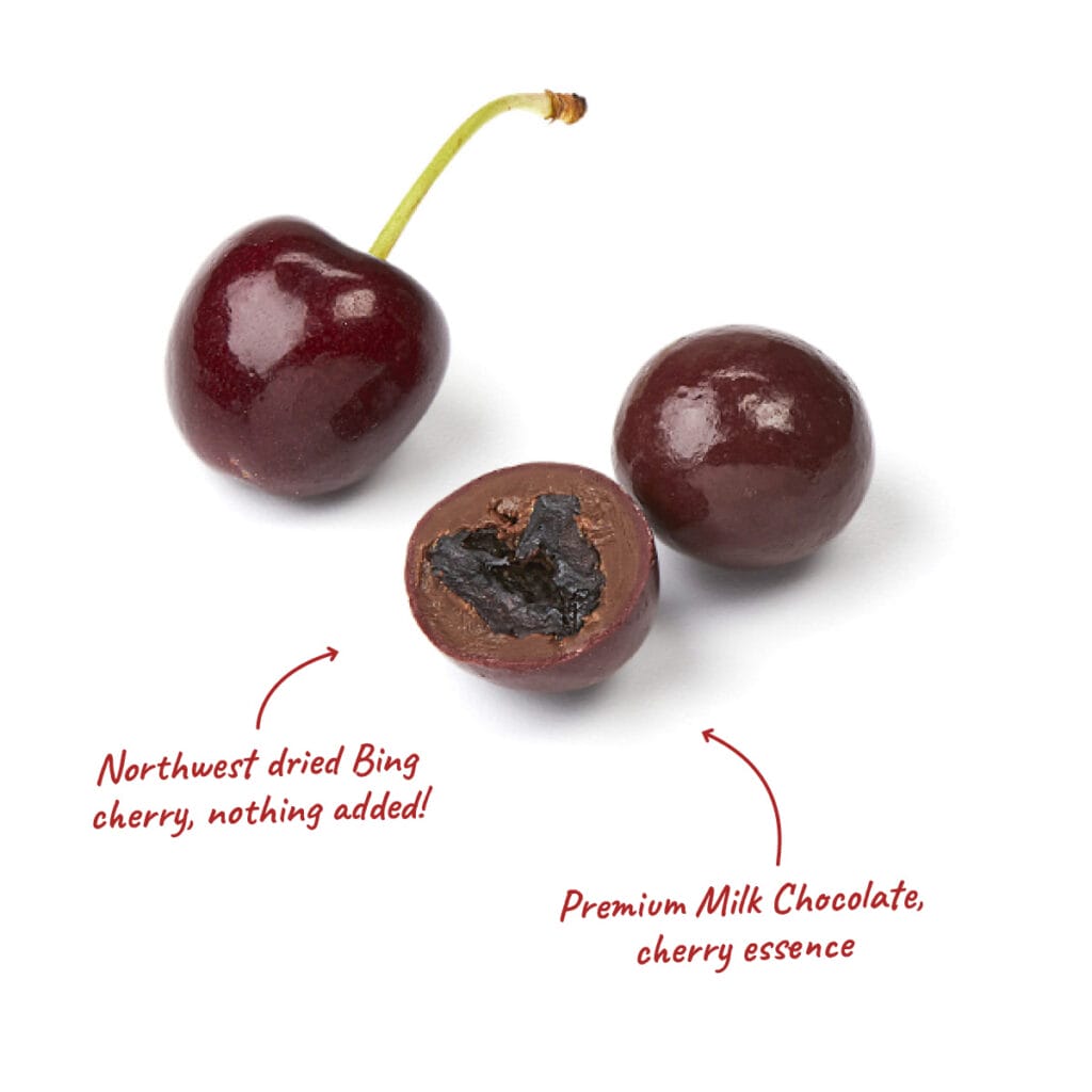 Dried Bing cherries with milk chocolate coating.