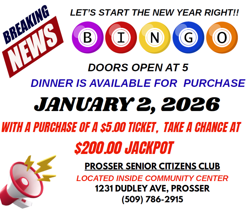 Bingo event with dinner, January 2, 2026, Prosser.