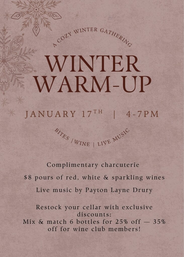 Winter Warm-Up event: food, wine, live music.
