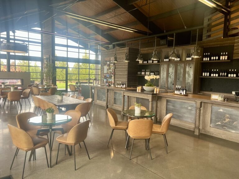 Cozy winery tasting room with modern furniture.