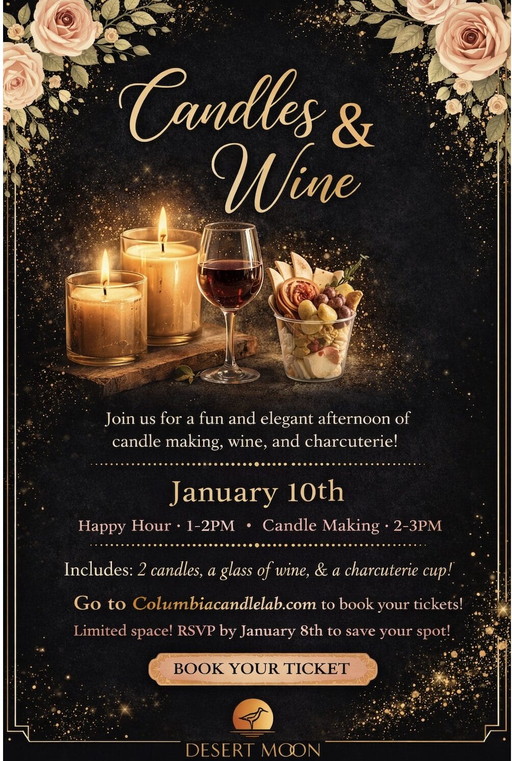 Candles and wine event with charcuterie and crafting.