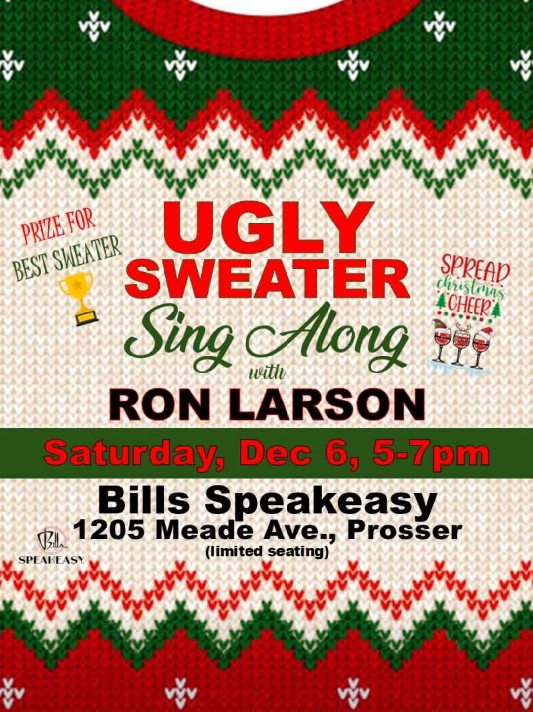 Ugly Sweater Sing-Along, December 6, Bills Speakeasy.