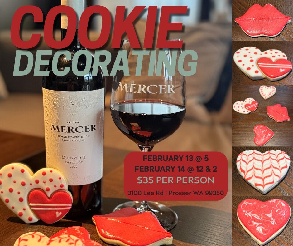 Cookie decorating event with wine and heart cookies.