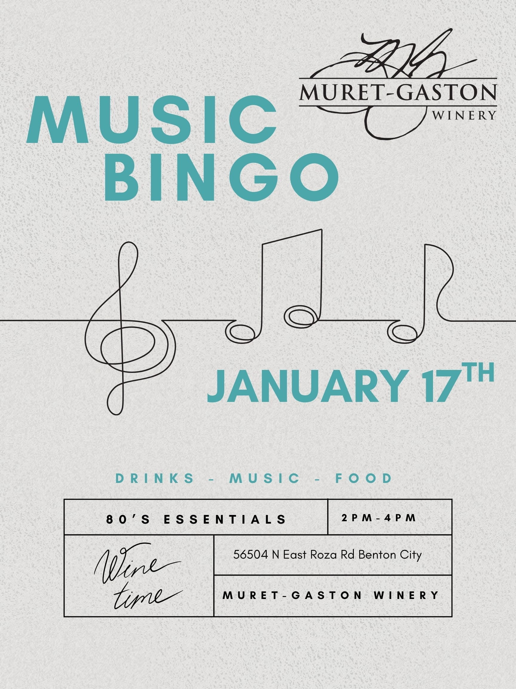 Music Bingo event at Muret-Gaston Winery January 17th.