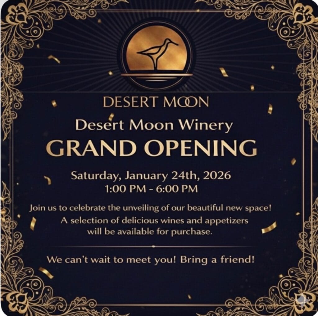 Desert Moon Winery Grand Opening announcement.