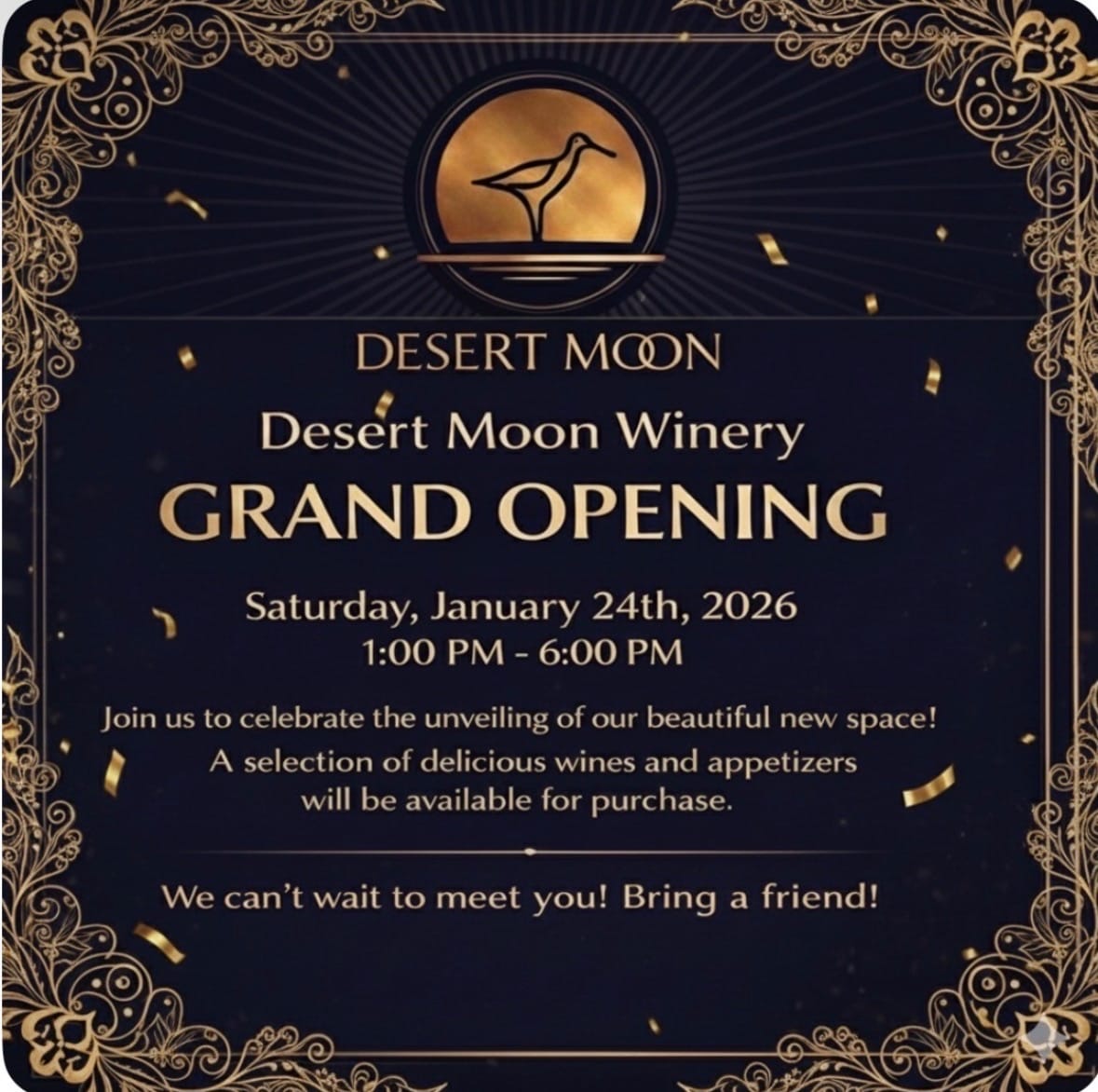 Desert Moon Winery Grand Opening announcement.