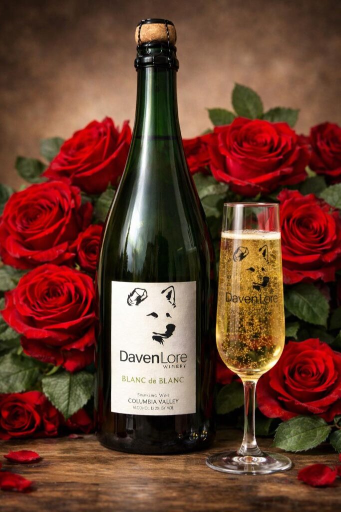 DavenLore Blanc de Blanc with red roses background.