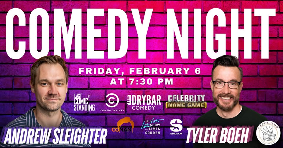 Comedy night poster with performers and event details.