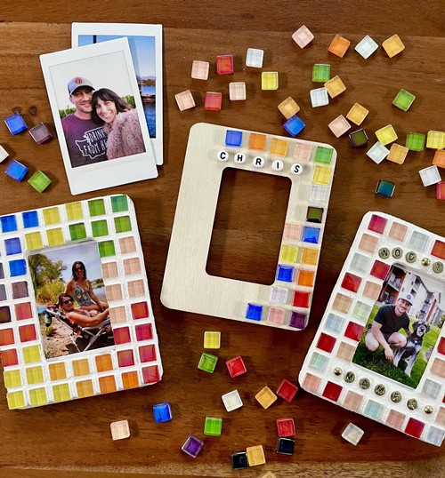 Colorful decorated photo frames and polaroid pictures.