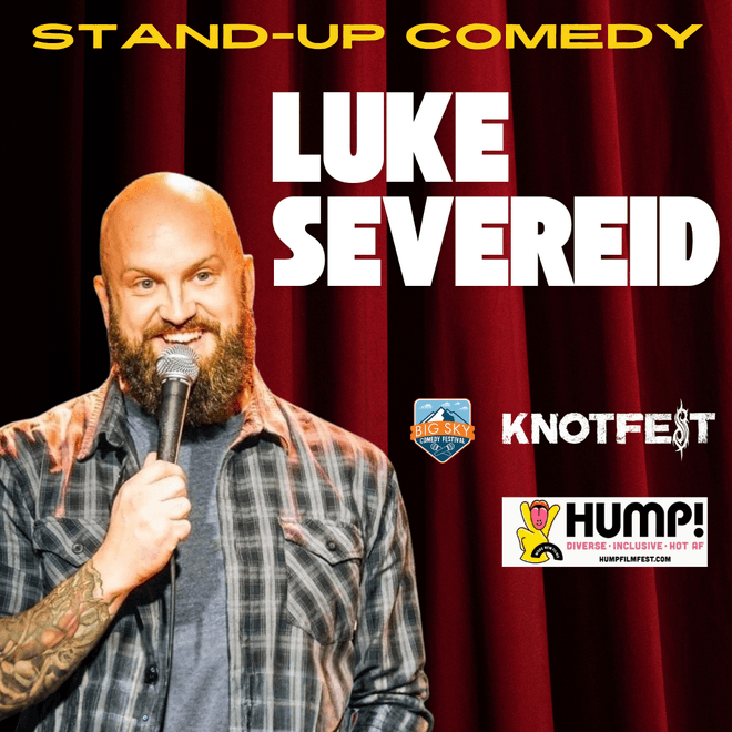 Stand-up comedy with microphone on stage curtain background.