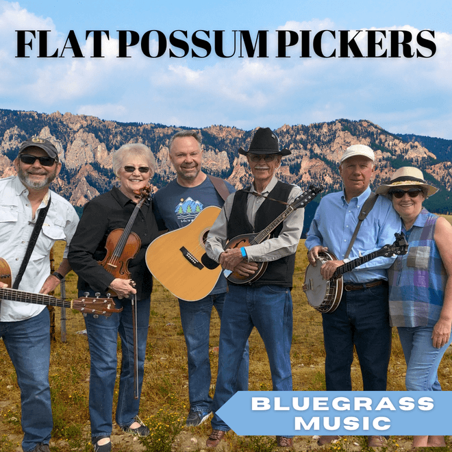Flat Possum Pickers band with instruments outdoors.