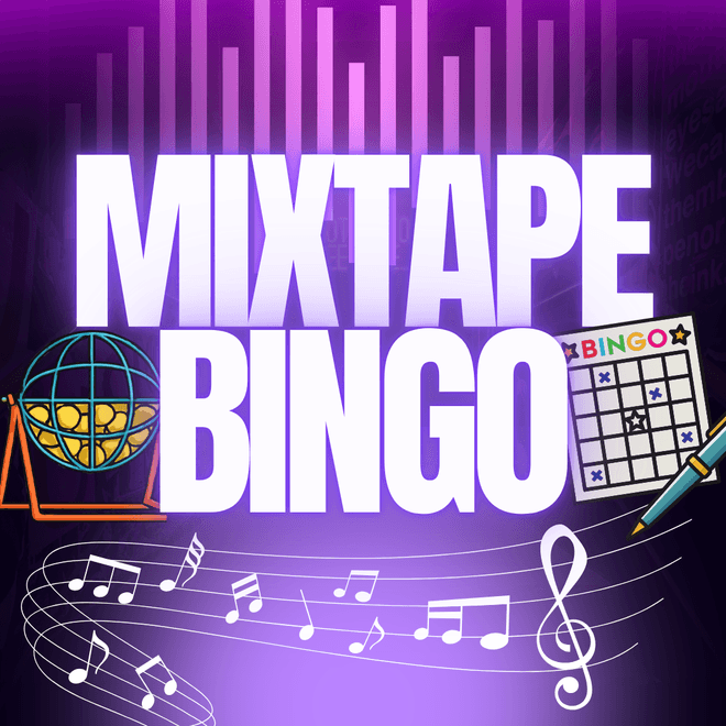 Mixtape Bingo graphic with musical notes and cards