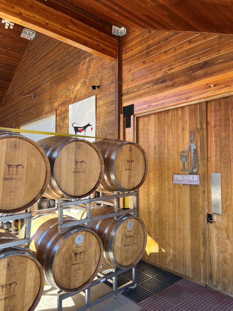 Wooden barrels stacked in a rustic room.