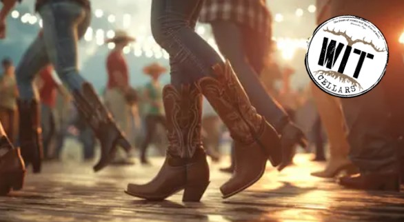 Group line dancing wearing cowboy boots at event.