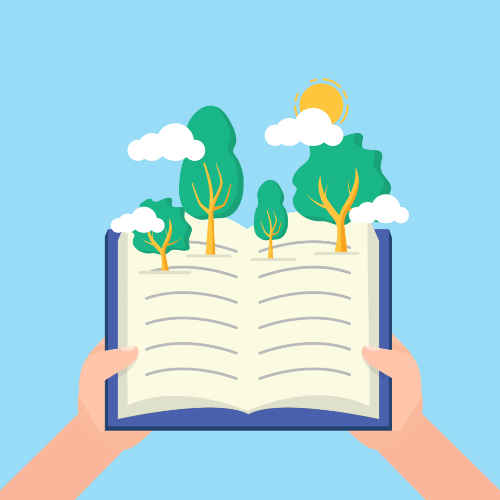 Illustration of a book with trees and clouds