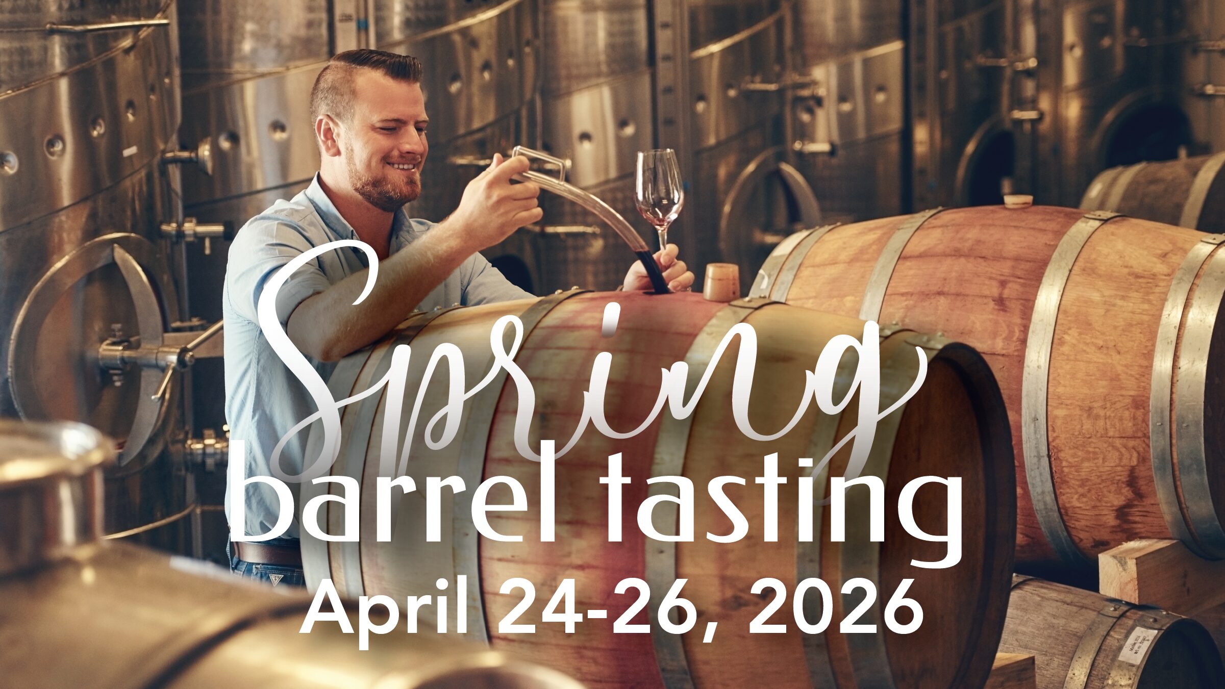 Man sampling wine from barrels at spring event.