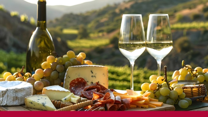 Wine, cheese, and grapes on a sunny vineyard table.