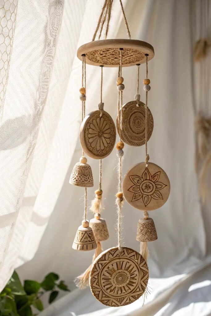 Detailed wooden wind chime with engraved designs.