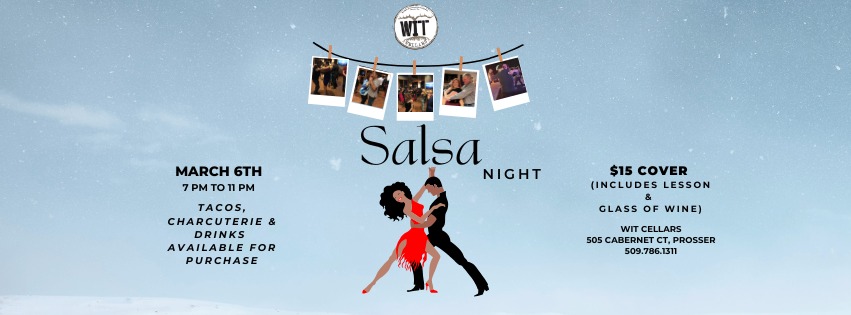 Salsa Night event poster with dancing couple.