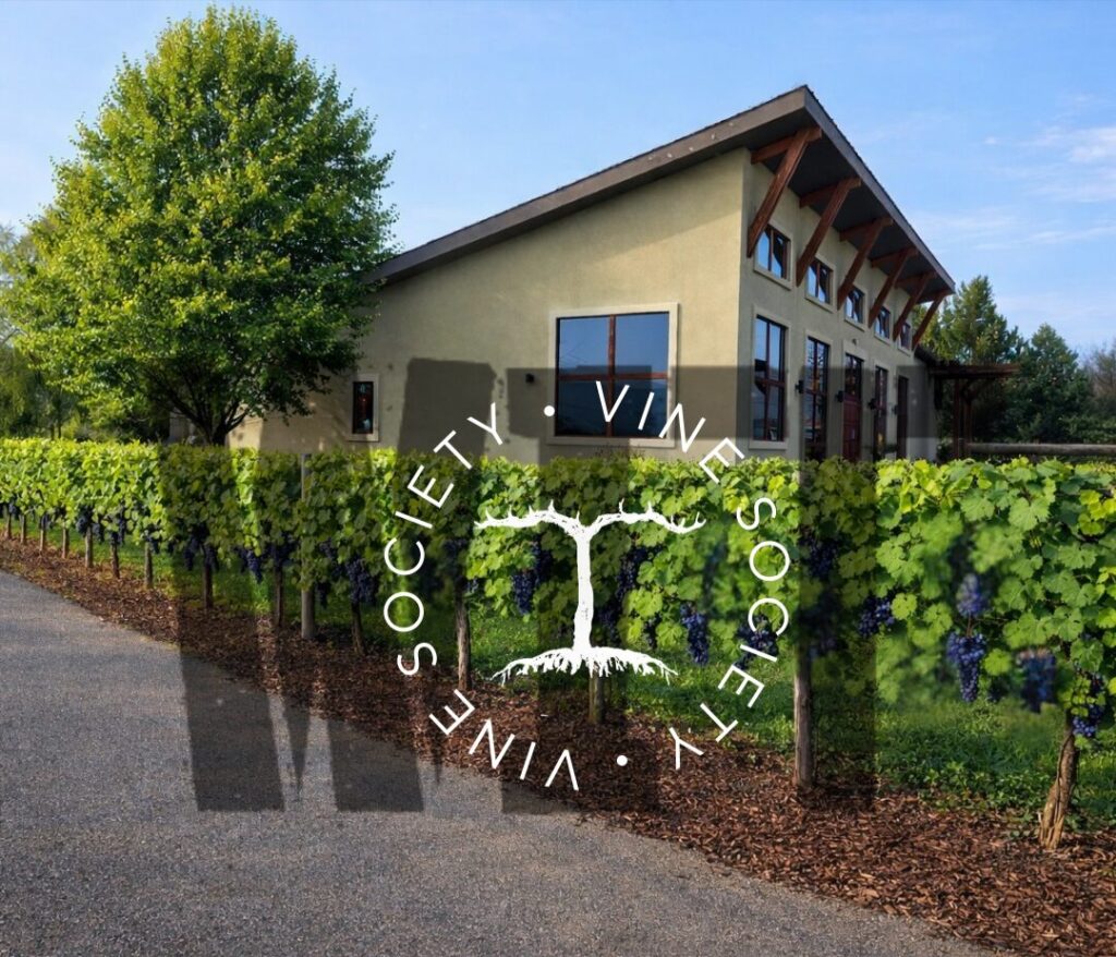Modern winery building with vineyard and logo