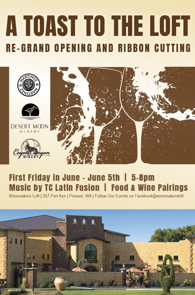 Winery grand reopening event poster with building photo