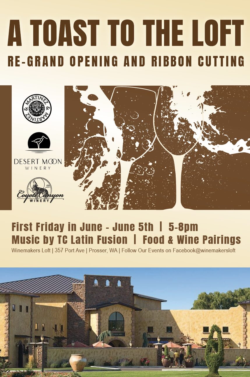 Winery grand reopening event poster with building photo