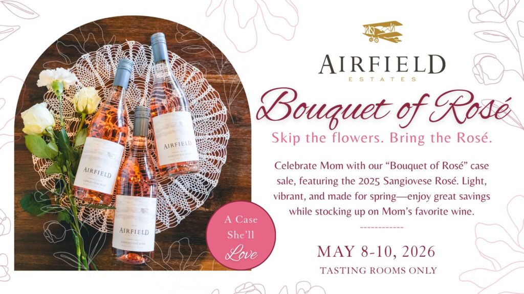 Airfield Estates rosé bottles with flowers on table
