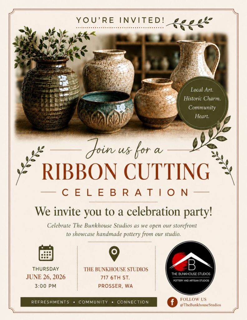 Pottery studio ribbon cutting invitation with ceramic vases