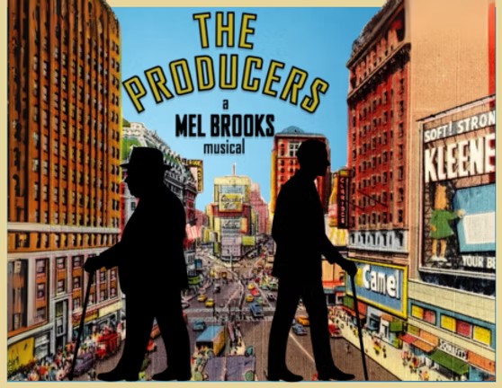The Producers musical poster with city skyline silhouettes