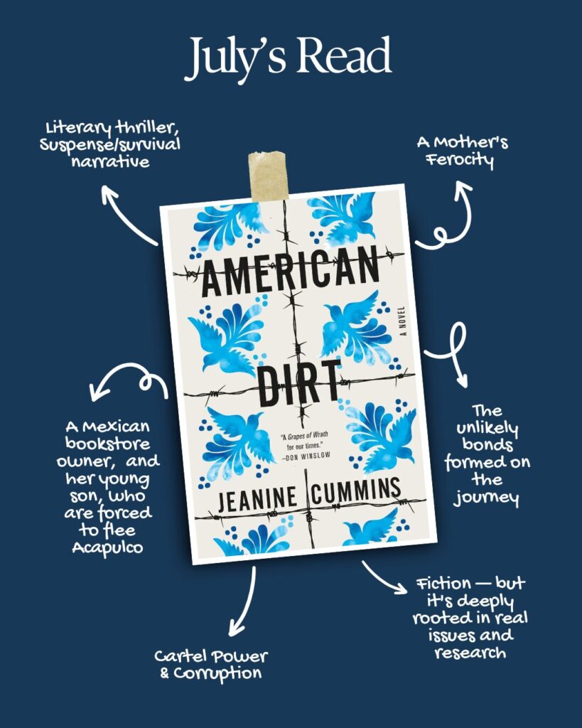 American Dirt book cover with July’s Read text