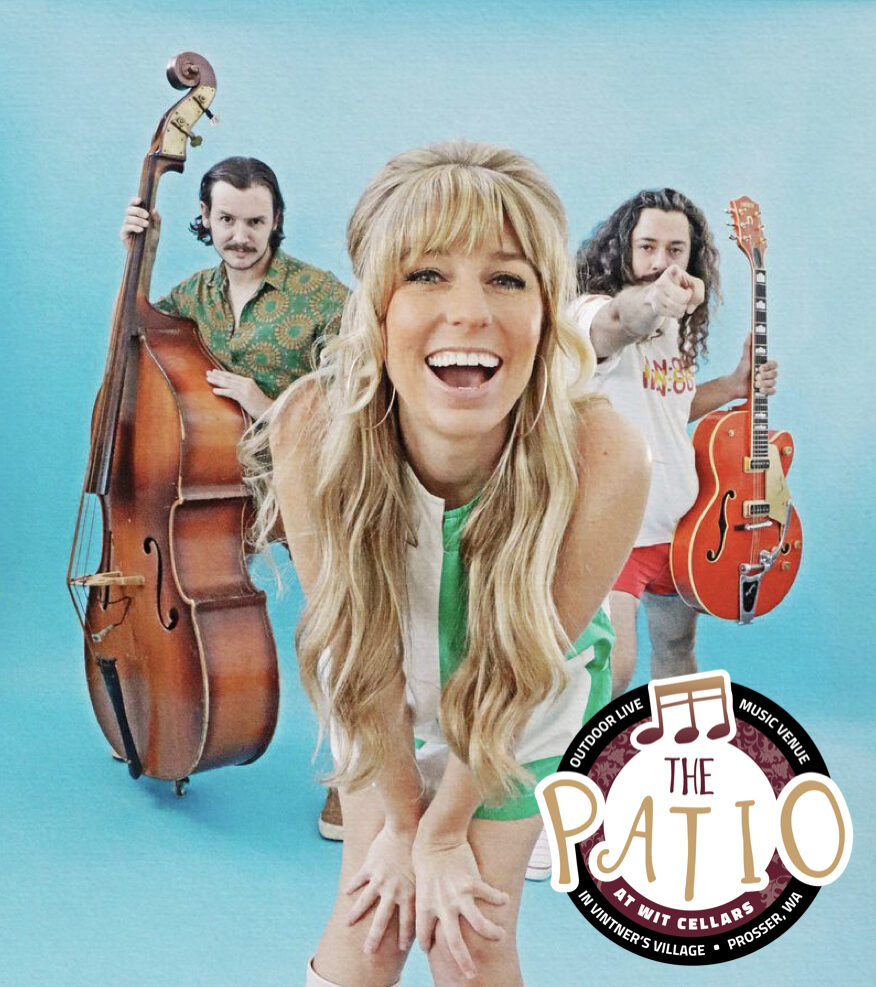 Three musicians posing with upright bass and guitar