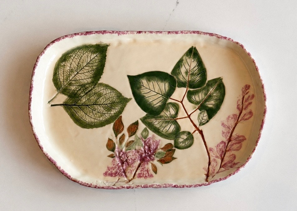 Rectangular ceramic tray with hand-painted botanical leaves