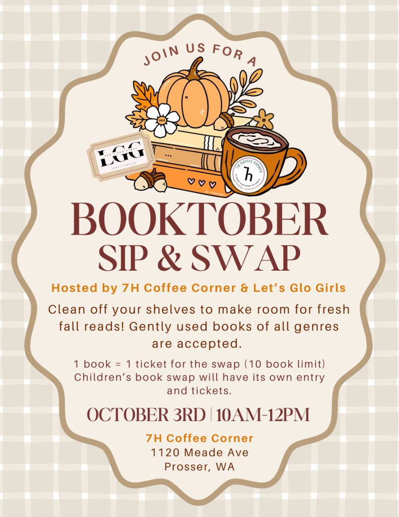 Booktober Sip and Swap event flyer with pumpkin and books