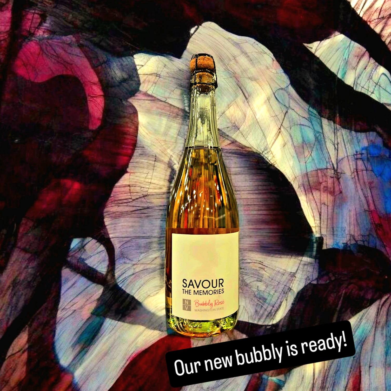 Savour the Memories Bubbly Rosé bottle against colorful artwork
