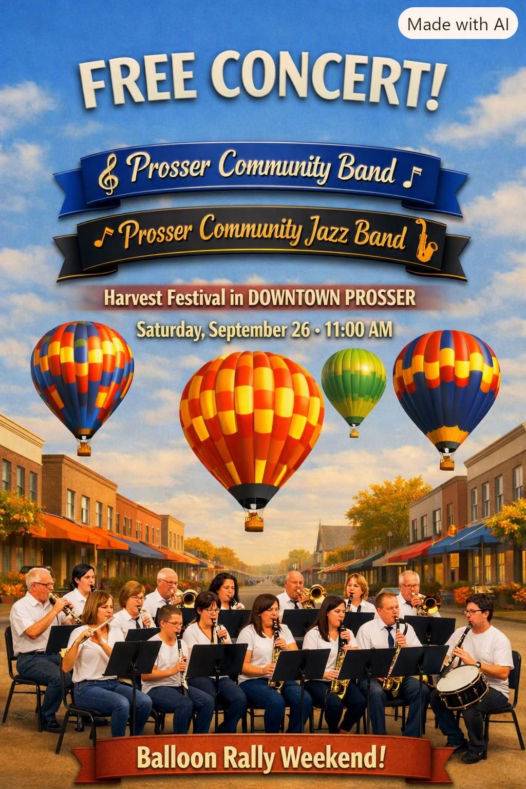 Free Prosser community band concert poster with hot-air balloons