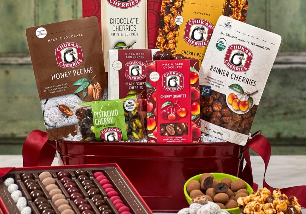 Assorted Chukar Cherries gift basket with chocolates and nuts.